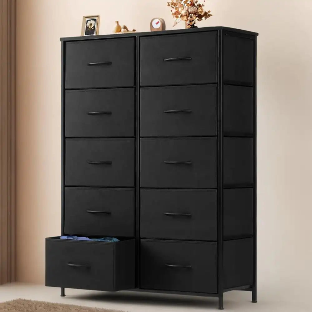 Dresser for Bedroom with 10 Drawers, Tall Chest Organizer with Fabric Bins, Freestanding Storage Cabinet, Black