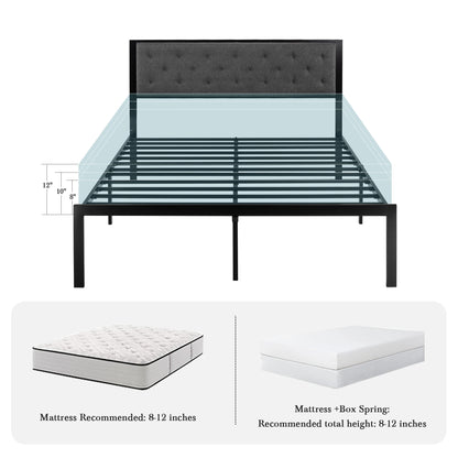 HOOMIC Metal Bed Frame with Upholstered Finely Stitched Headboard, Linen Fabric, Sturdy Foundation, No Box Spring Needed