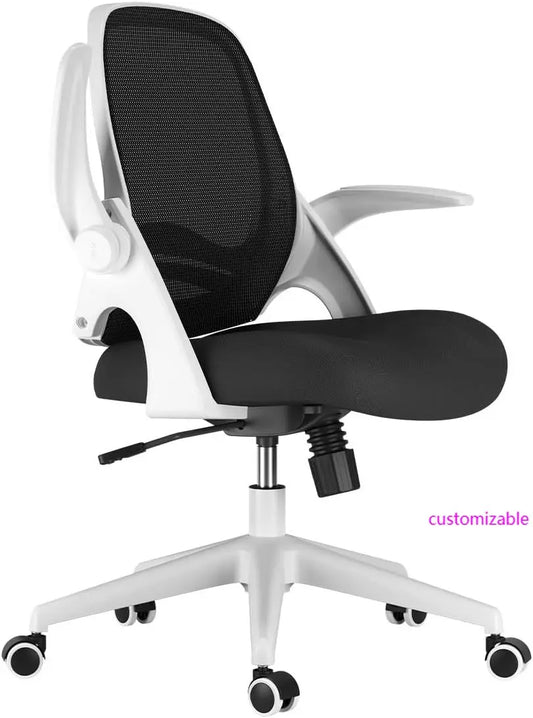 Office Desk Chair With Flip-Up Armrests And Saddle Cushion, Ergonomic Office Chair With S-Shaped Backrest, Swivel, Mesh, White,c