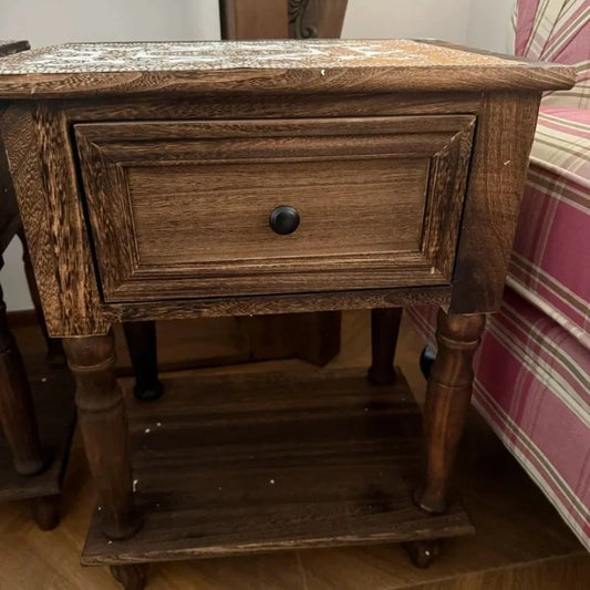 Solid Wood Nightstand Vintage French Distressed Bedside Table with Drawer for Bedroom Storage Cabinet Side Table