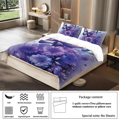 3pcs fashionable purple butterfly printed bedding set, soft and comfortable, for women bedroom, queen, king and twin bed