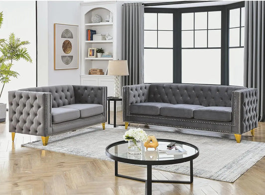 Velvet Living Room Sofa Set of 2, Comfy Loveseat and 3 Seater Couch, Modern Sofa with Tufted Back and Rivet Decoration