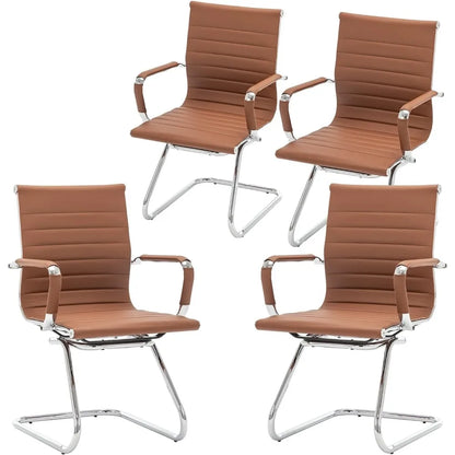 Guyou Office Reception Guest Chairs Set of 4 Mid Back PU Leather Metal Leg Sled Base Conference Reception Room Chairs