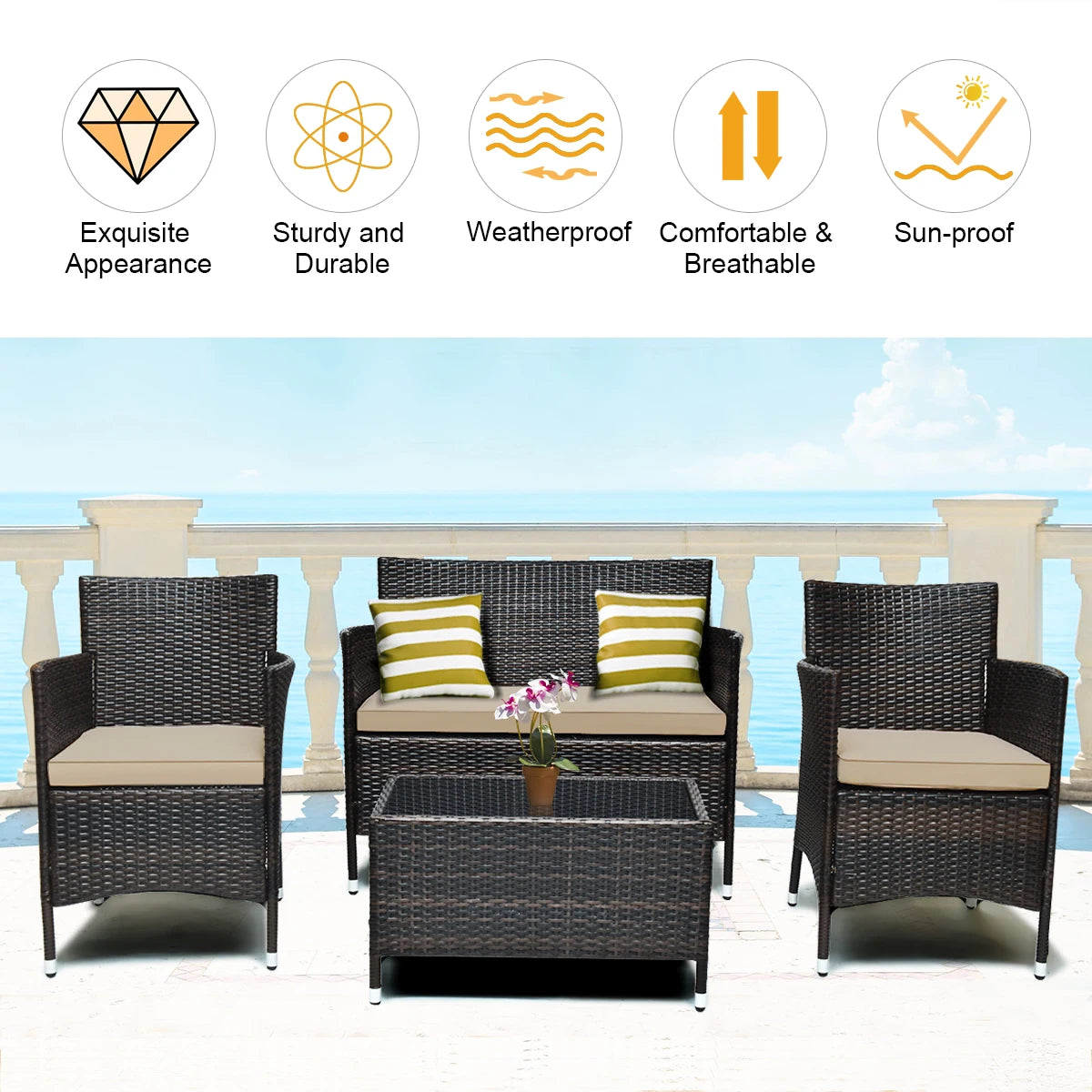 4PCS Rattan Patio Furniture Set Cushioned Sofa Chair Coffee Table Garden