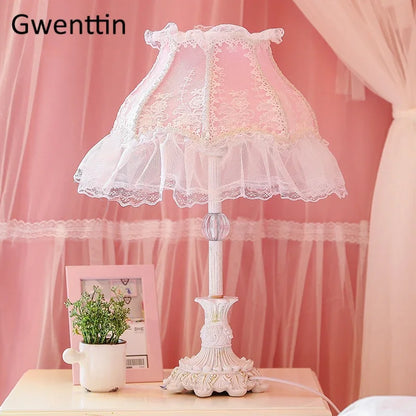 Nordic Ins Pink Table Lamps Lace Fabric Lamp Led Stand Desk Light Fixtures for Bedroom Bedside Princess Home Decor Luminaire E27
