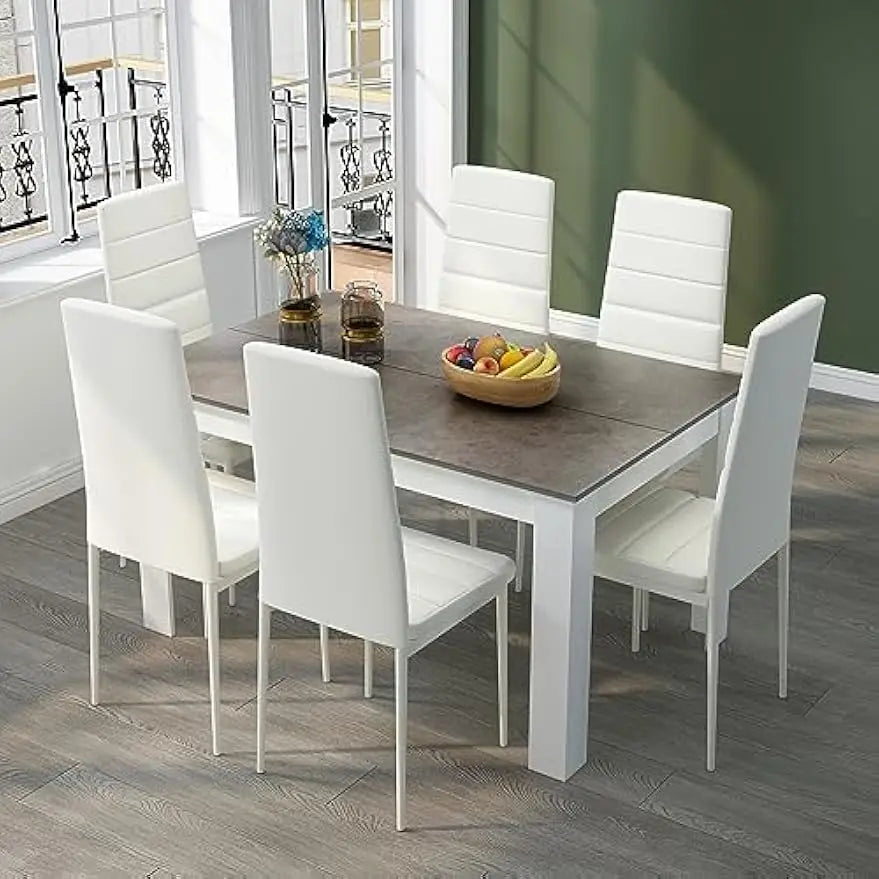 Dining Table and Chairs Set 6, 7 Pieces Kitchen Table Set with High Back Faux Leather Chair for Dining Room Kitchen Rectangular