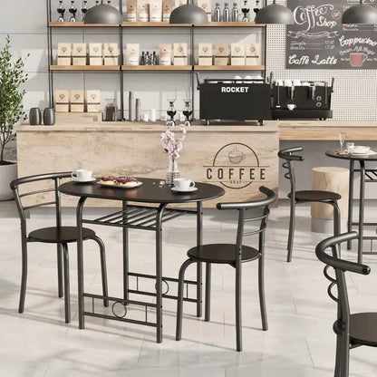 3-Piece Wooden Dining Table Set, Kitchen Breakfast Nook Sets with 2 Chairs & Round Tabletop, Space Saving Furniture Metal Frame
