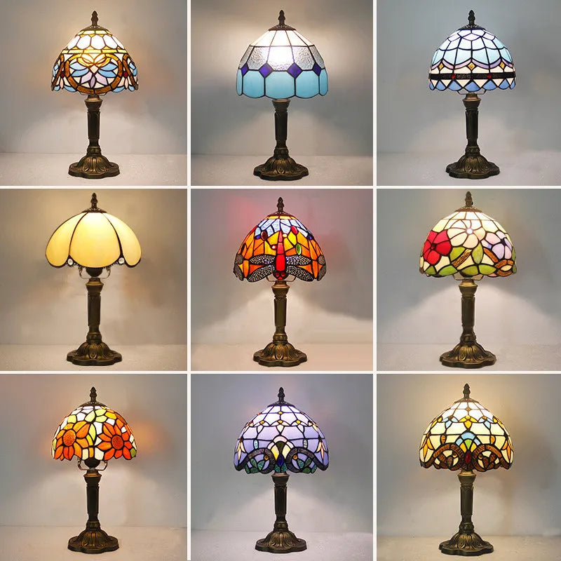 Retro Tiffany Table Lamp E27 Stained Glass Lampshade Mediterranean Style Baroque Table Light Bedroom Bedside Nightstand Lighting