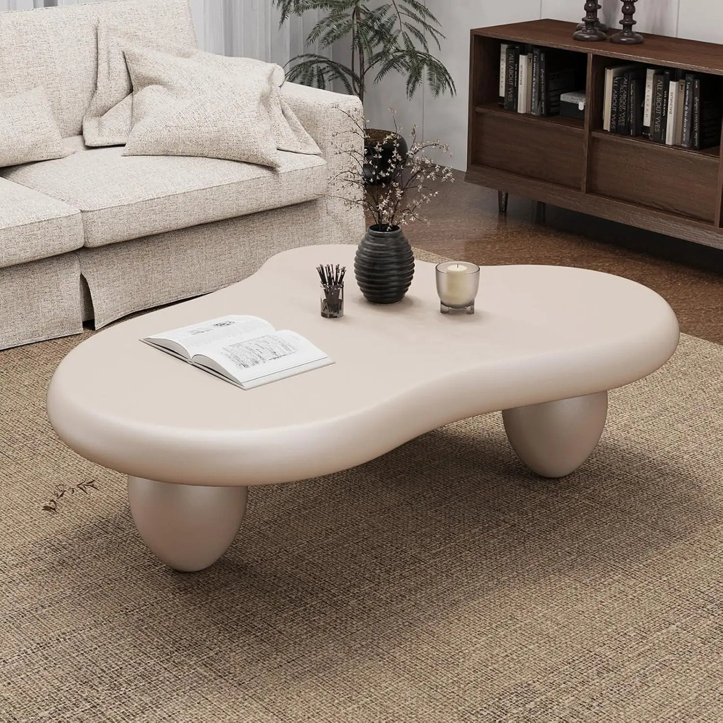 Cloud-Shape Cute Coffee Table Cream White Irregular Coffee Tables with 3 Short Legs Modern Live Round Edge Coffee Table