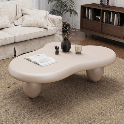 Cloud-Shape Cute Coffee Table Cream White Irregular Coffee Tables with 3 Short Legs Modern Live Round Edge Coffee Table