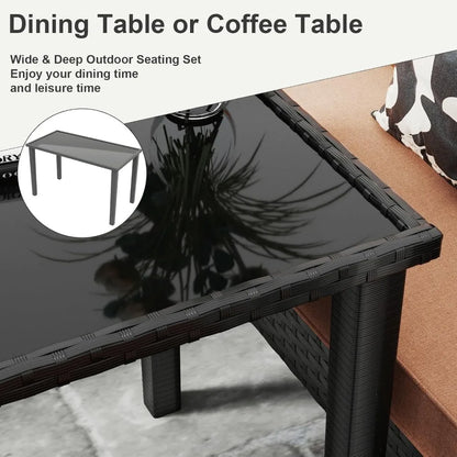 PatioConversation Set,Outdoor Furniture Sectional with Throw Pillows and Anti-Slip Cushions,PE Rattan Sofa Set with Dining Table