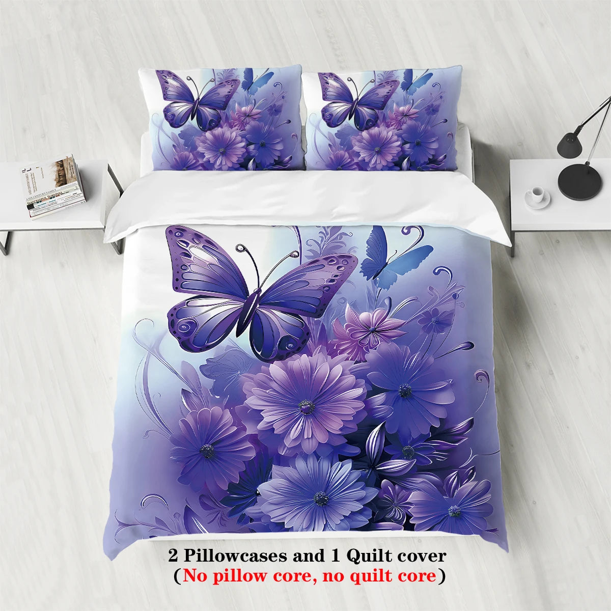 3pcs fashionable purple butterfly printed bedding set, soft and comfortable, for women bedroom, queen, king and twin bed