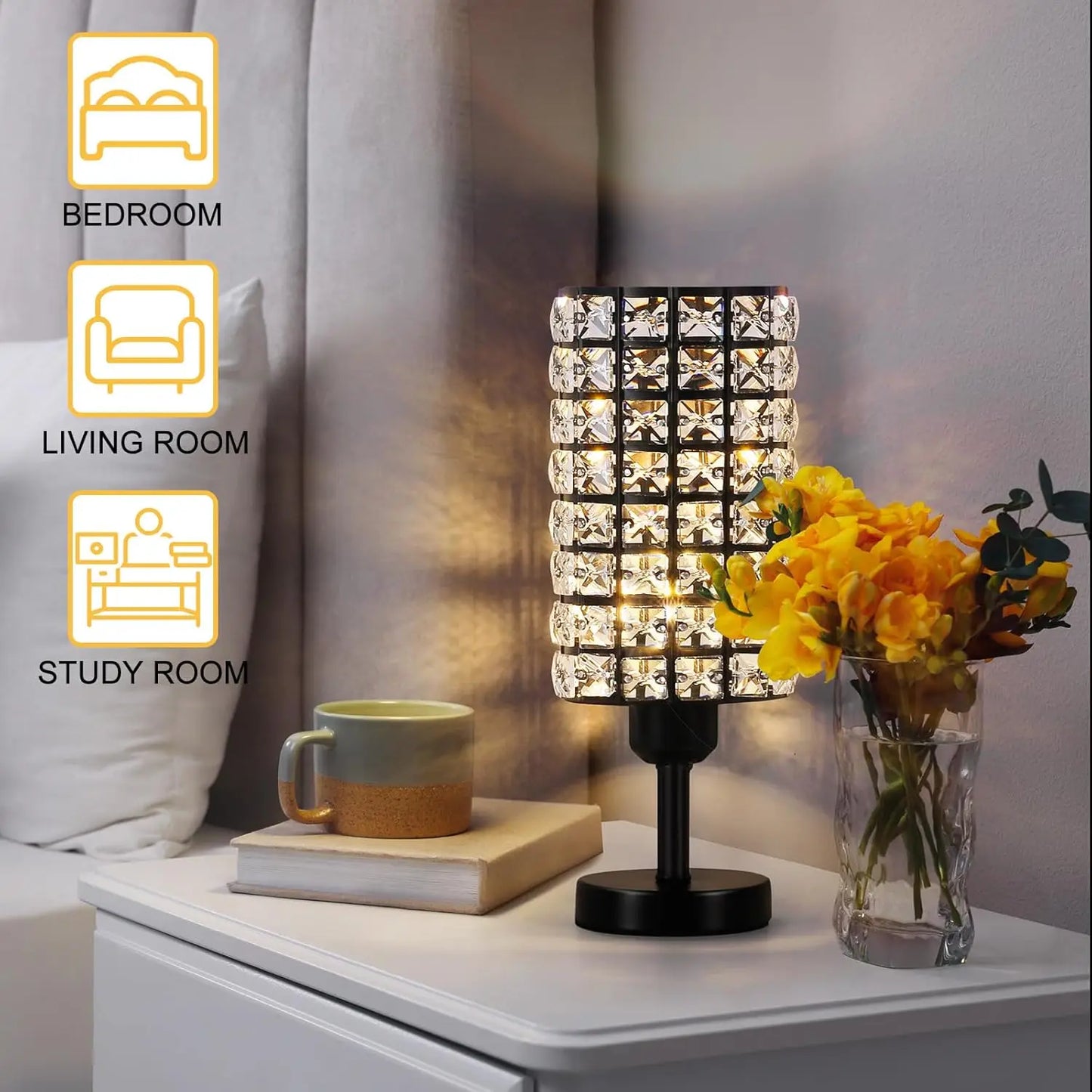 Elegant Crystal Table Lamps Set of 2 Black Modern Bedside Lamp Small Decorative Nightstand Lamp Black Desk Lamp for Living Room