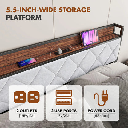 JHK King Size Soft Pack Heavy Duty Metal Bed Frame with Headboard Charging Station 1100lbs Capacity Easy Assembly For Bedroom