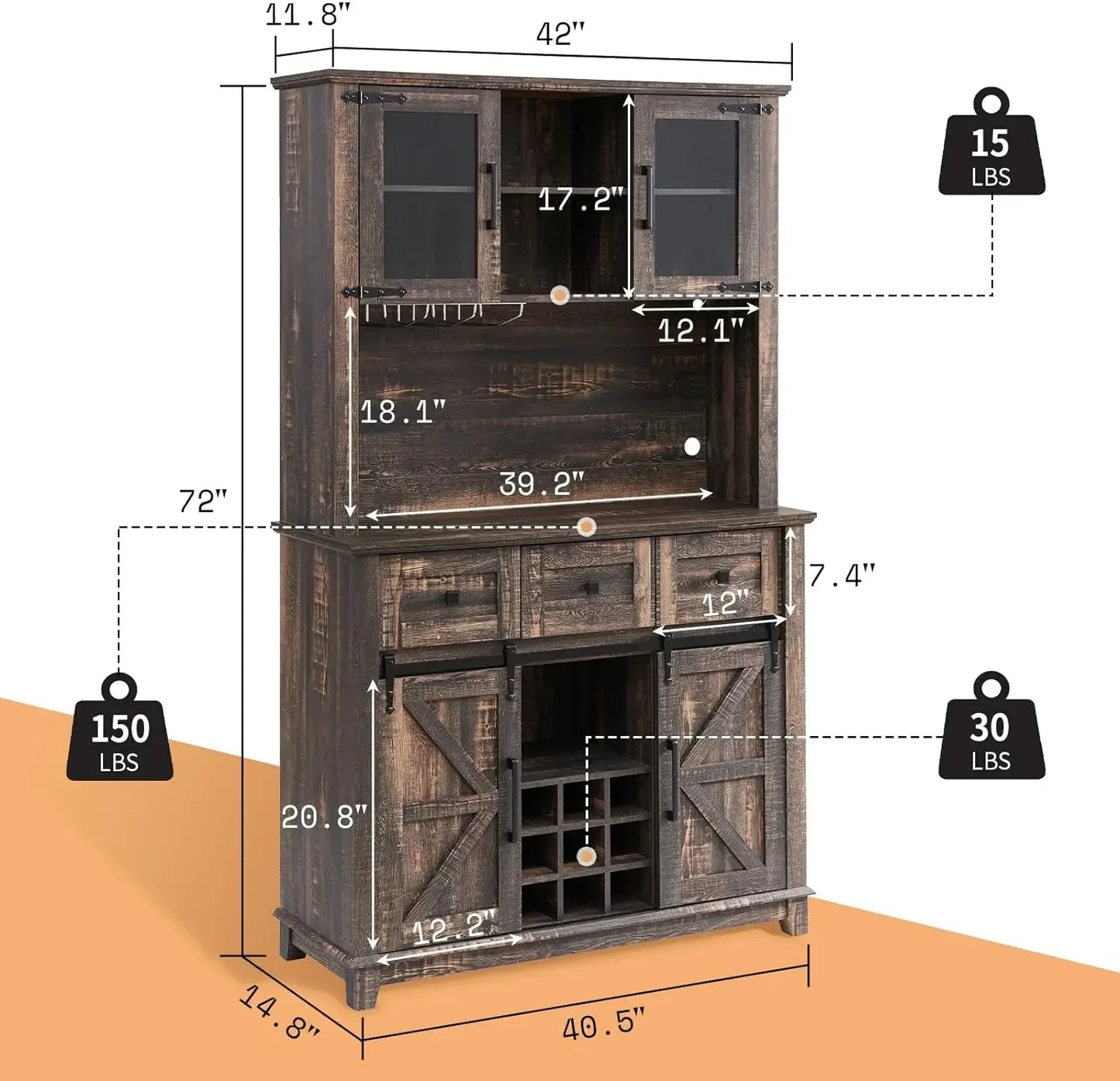 Coffee Bar Cabinet with Sliding Barn Door, 72'' Farmhouse Kitchen Sideboard, Buffet Storage Table, Wine Glass Racks, 3 Drawers