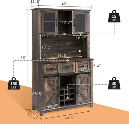 Coffee Bar Cabinet with Sliding Barn Door, 72'' Farmhouse Kitchen Sideboard, Buffet Storage Table, Wine Glass Racks, 3 Drawers