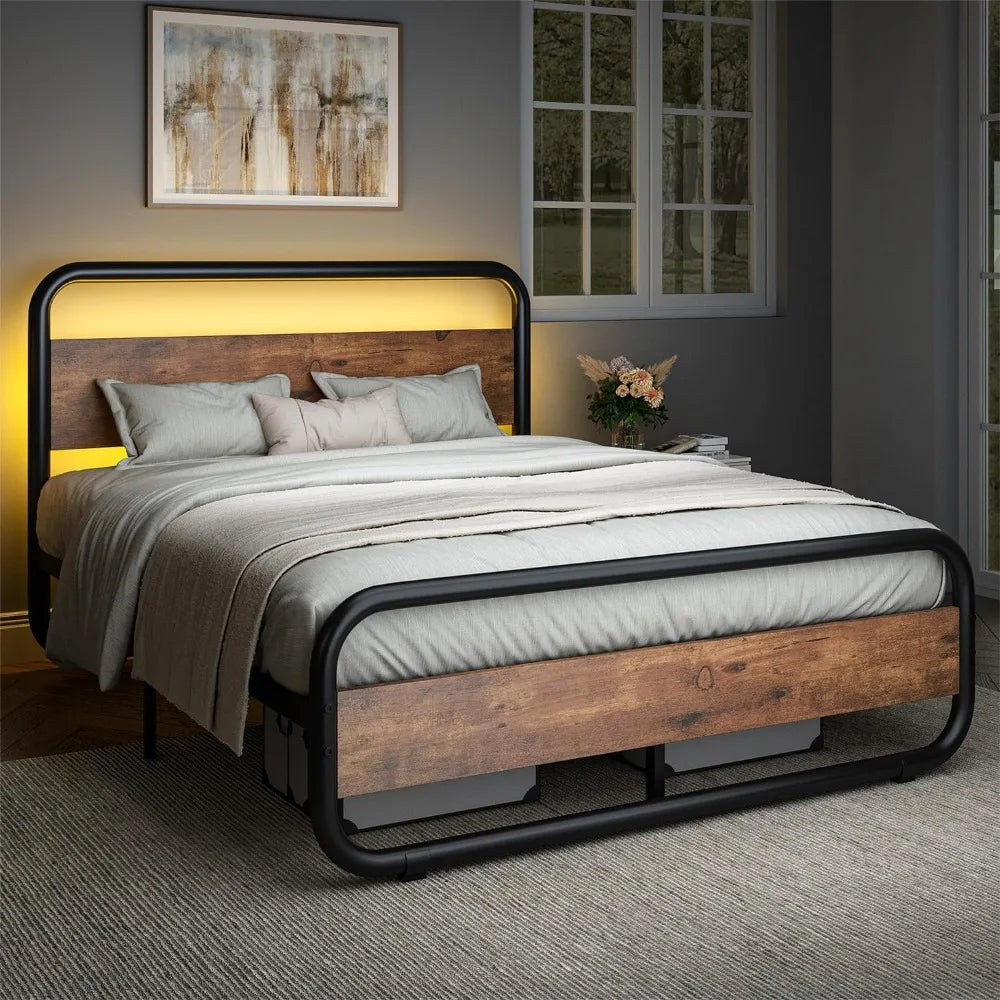 Full Size Bed Frame, Metal Full Bed Frame with LED Headboard and Footboard, Rustic Industrial Heavy Duty Wooden Platfo