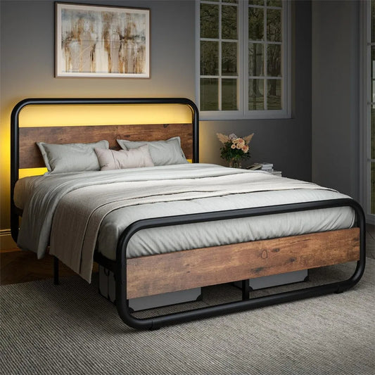 Full Size Bed Frame, Metal Full Bed Frame with LED Headboard and Footboard, Rustic Industrial Heavy Duty Wooden Platfo