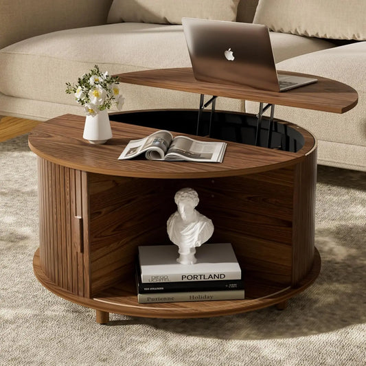 Round Lift Top Coffee Table with Storage, Mid Century Modern Center Table with 180° Sliding Tambour Door, Small Circle Wood Flut
