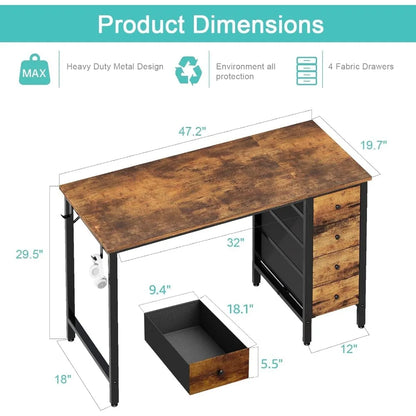 47 Inch Fabric Drawer Computer Desk, Reversible Writing Desk for Home Office, Modern Simple Style