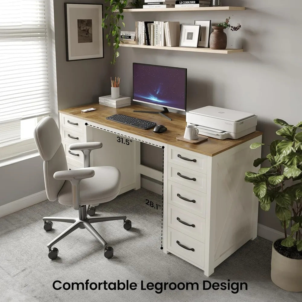 60" Farmhouse Home Office Desk with 10 Wooden Drawers, Rustic Computer Writing Desk with Power Outlets, Large Executive Desk