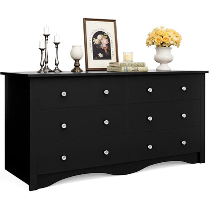 JUMMICO Black Dresser for Bedroom, 6 Wood Dresser Drawers, Wide Chest of Drawers, Storage Tower Unit, Modern Design for Bedroom,