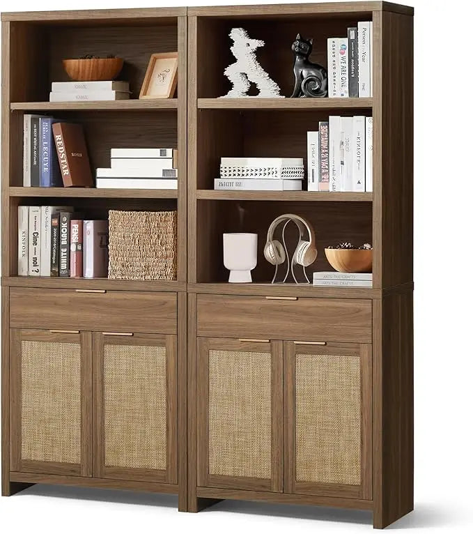 Hampstead Bookcase, Rattan Bookcase with Doors Cabinet and Drawer, 5-Tier Bookshelf, Large Wooden Book Case, Tall Bookshelves