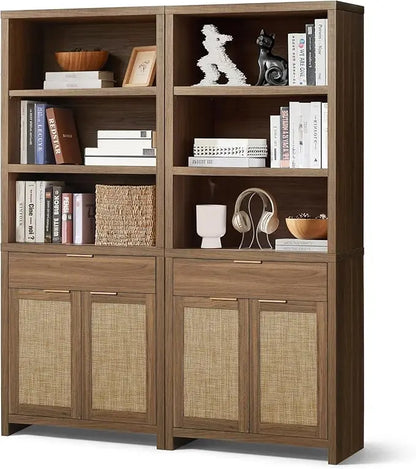 Hampstead Bookcase, Rattan Bookcase with Doors Cabinet and Drawer, 5-Tier Bookshelf, Large Wooden Book Case, Tall Bookshelves