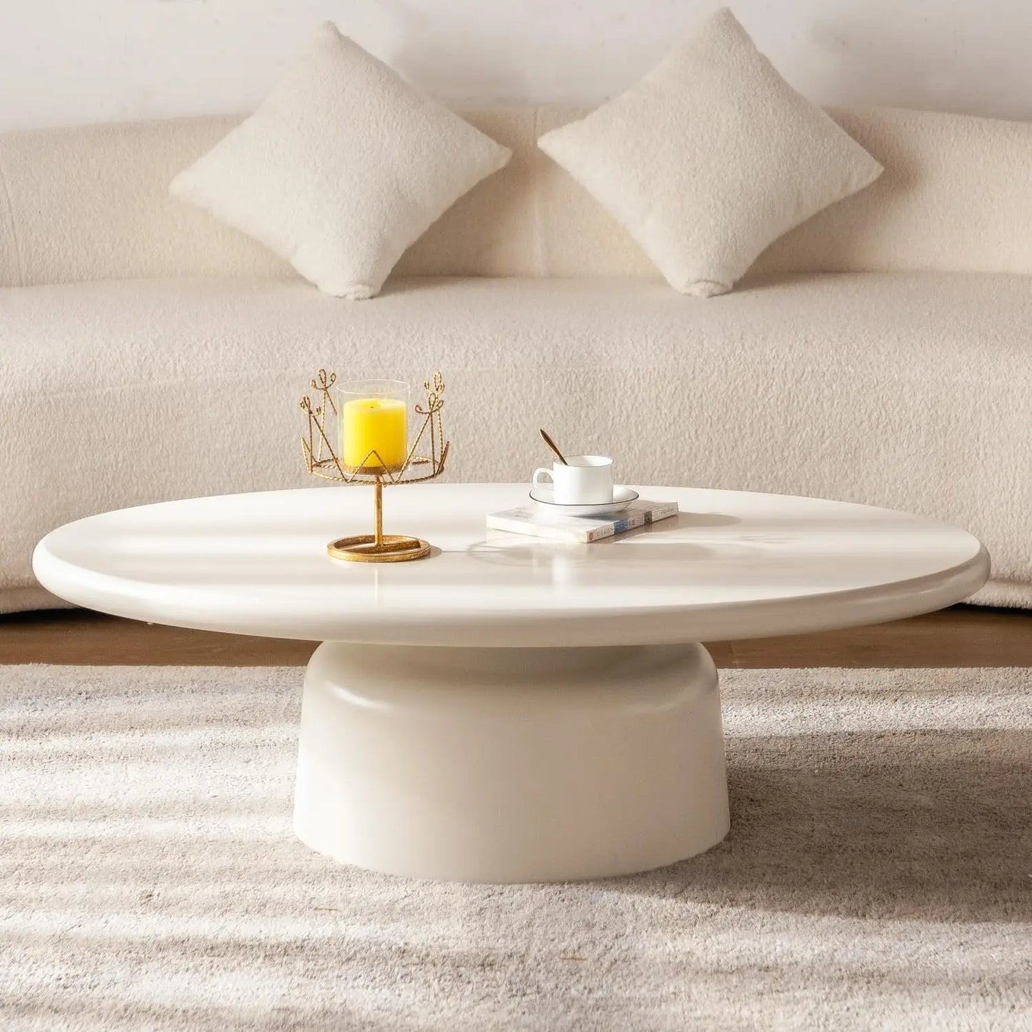 Cloud-Shape Cute Coffee Table Cream White Irregular Coffee Tables with 3 Short Legs Modern Live Round Edge Coffee Table