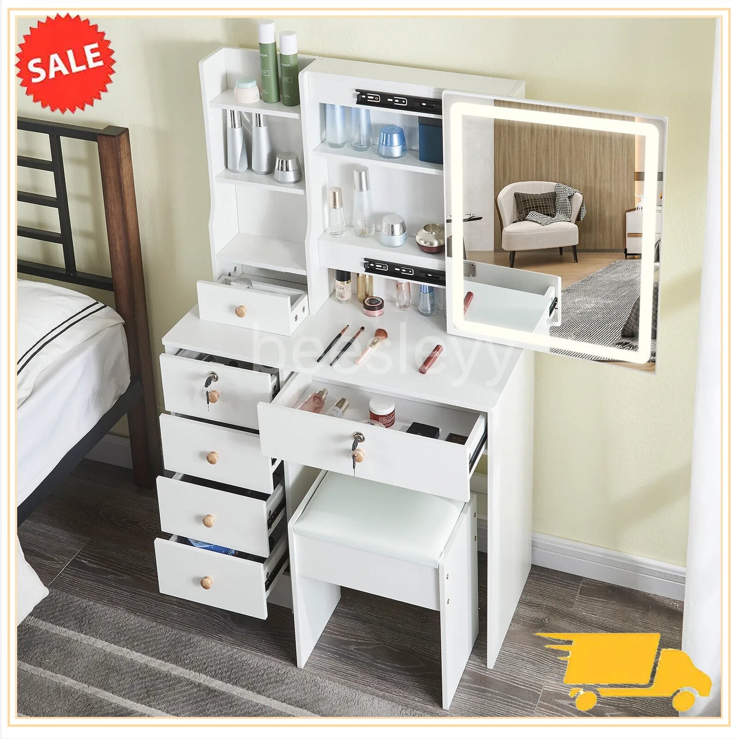 Dressing Table Mirror with Lights Stool Makeup Vanity Set Desk Organizer Dresser