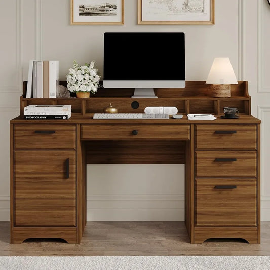 58 Inch Executive Desk with File Drawers, Computer Desk with Storage, Home Office Desk with Storage Cabinet for Bedroom,