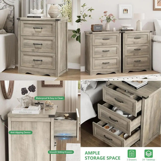 rustic 3-drawer farmhouse nightstand, 24" wide wood end table with metal handle