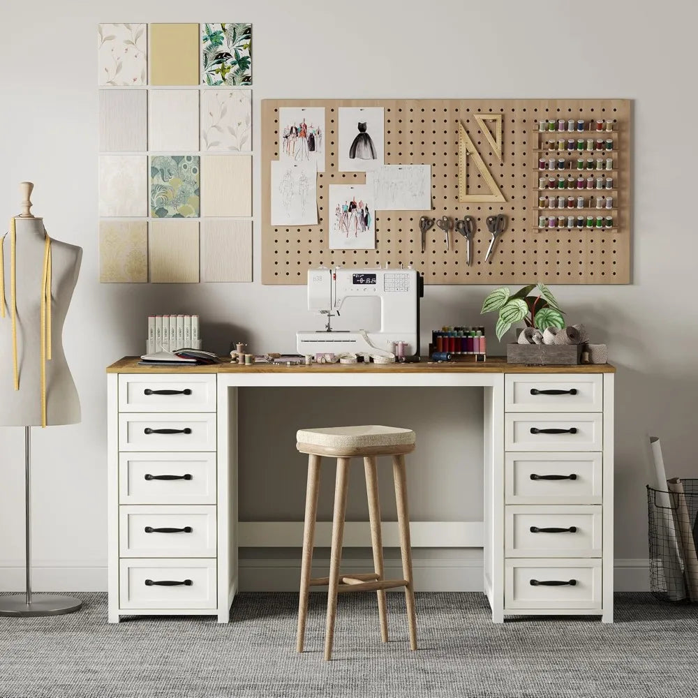 60" Farmhouse Home Office Desk with 10 Wooden Drawers, Rustic Computer Writing Desk with Power Outlets, Large Executive Desk