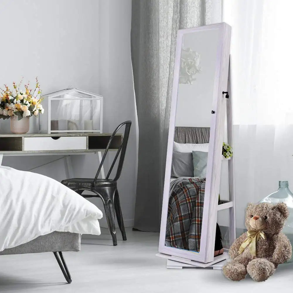 Modern 360 Spinning Lockable Jewelry Armoire with Free-Standing Mirror