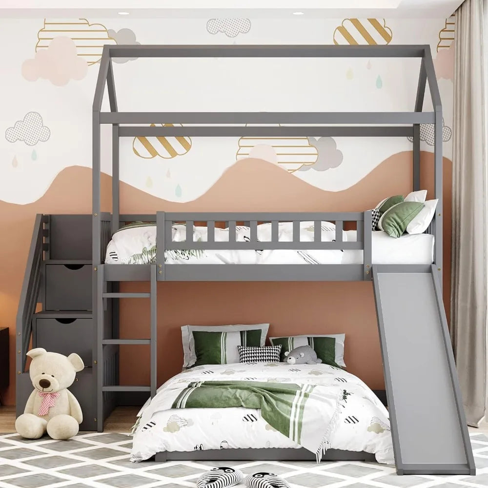 House Bunk Beds with Slide Wood Twin Bunk Bed with Stairs for Kids, House Bunk with Roof for Boys or Girls, No Box Spring Needed