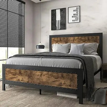 Heavy Duty Metal Bed Frame, Platform Base with Wooden Headboard Footboard, Strong Slats Support, No Box Spring Needed