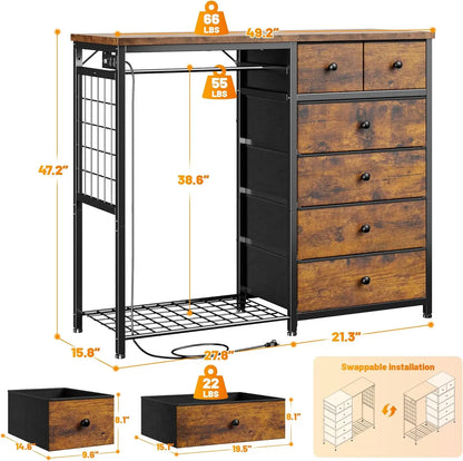 49.2" W Dresser for Bedroom with Hanging Rack 6 Drawers Dresser with LED Lights & Charging Station, Fabric Dressers