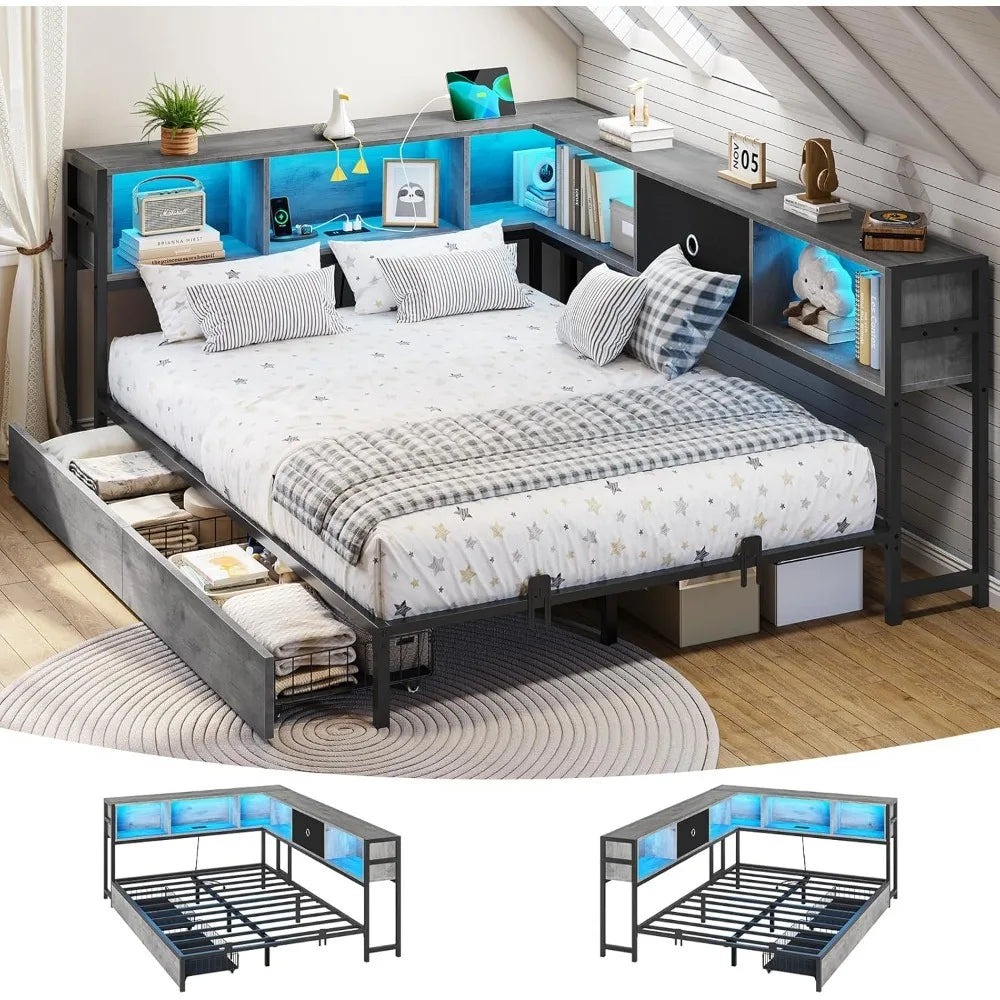 dictac corner full bed frame with bookcase storage and led lights full size metal platform bed frame with storage drawers & char