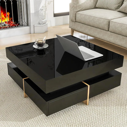 "31" Modern Coffee Table - Storage Drawers & High Gloss Finish, Square Design for Living Room/Office"