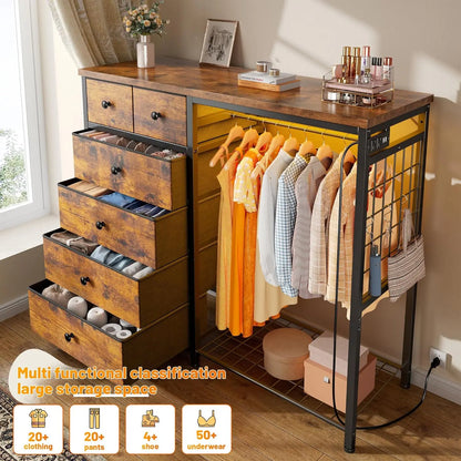 49.2" W Dresser for Bedroom with Hanging Rack 6 Drawers Dresser with LED Lights & Charging Station, Fabric Dressers