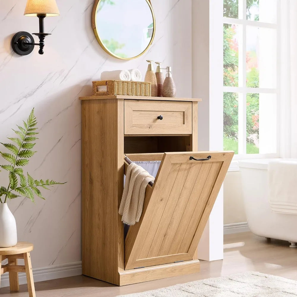 Double Tilt Out Laundry Hamper Cabinet, 20 Gallon Farmhouse Trash Can Cabinet with Drawer, Hidden Wood Garbage Can Bin Cabinet