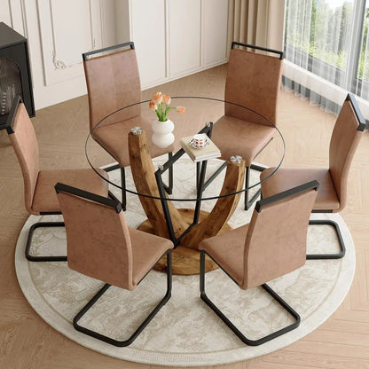 Round Dining Table Set for 4, 48 Inches Kitchen Table with 4 Brown Chairs, Tempered Glass Tabletop with Wood Pedestal Base
