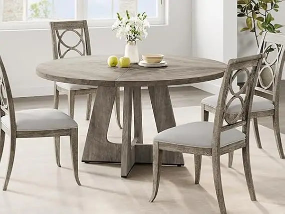 Farmhouse-Style Dining Table Set for 4-6, Wooden Circular Table with Pedestal Base
