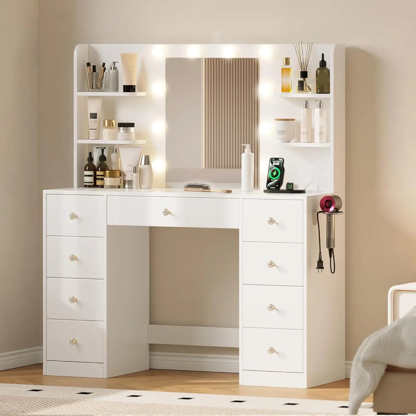 Vanity Desk with Mirror and Lights, Makeup Vanitys Desk with 9 Drawers and 6 Storage Shelves Dressing Table, Vanity Desks