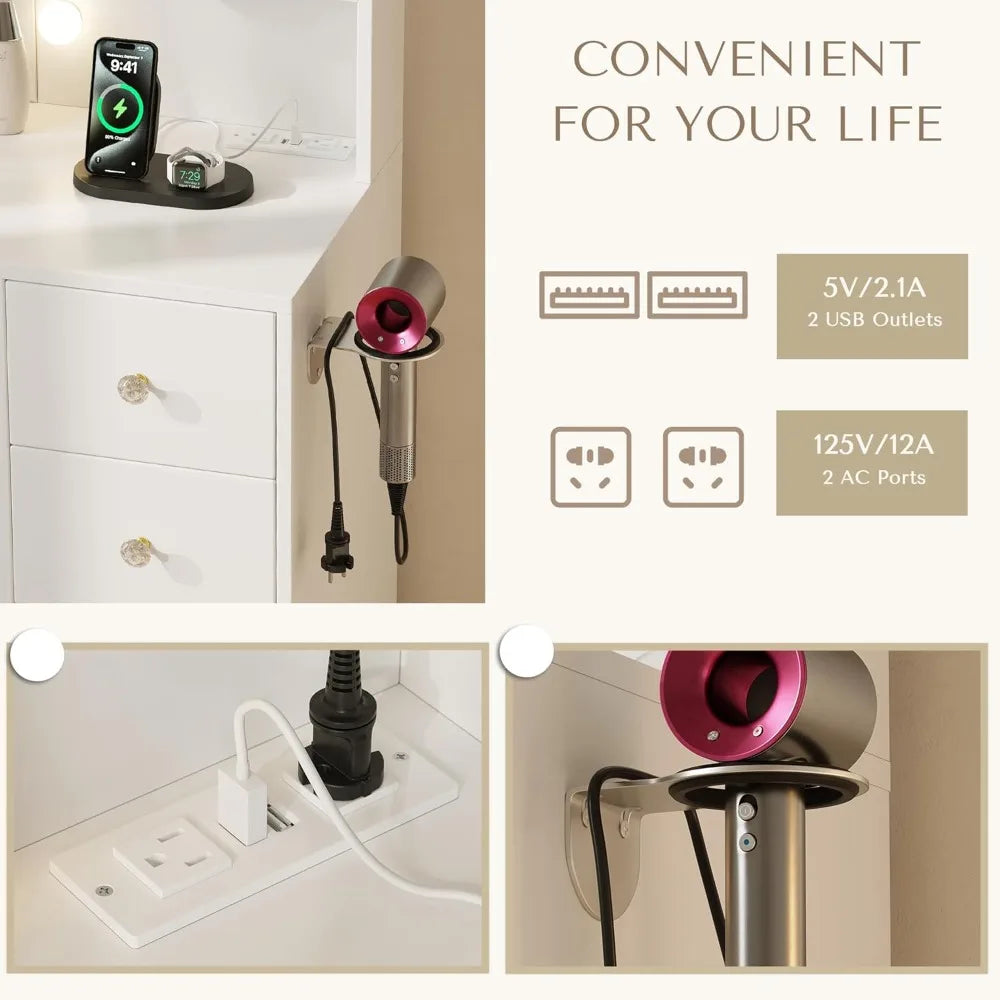 Vanity Desk with Mirror and Lights, Makeup Vanitys Desk with 9 Drawers and 6 Storage Shelves Dressing Table, Vanity Desks