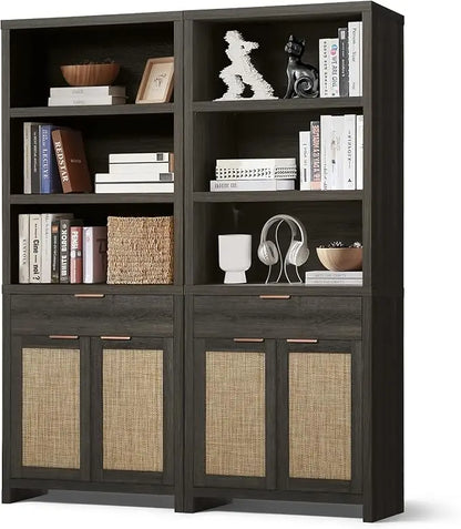 Hampstead Bookcase, Rattan Bookcase with Doors Cabinet and Drawer, 5-Tier Bookshelf, Large Wooden Book Case, Tall Bookshelves