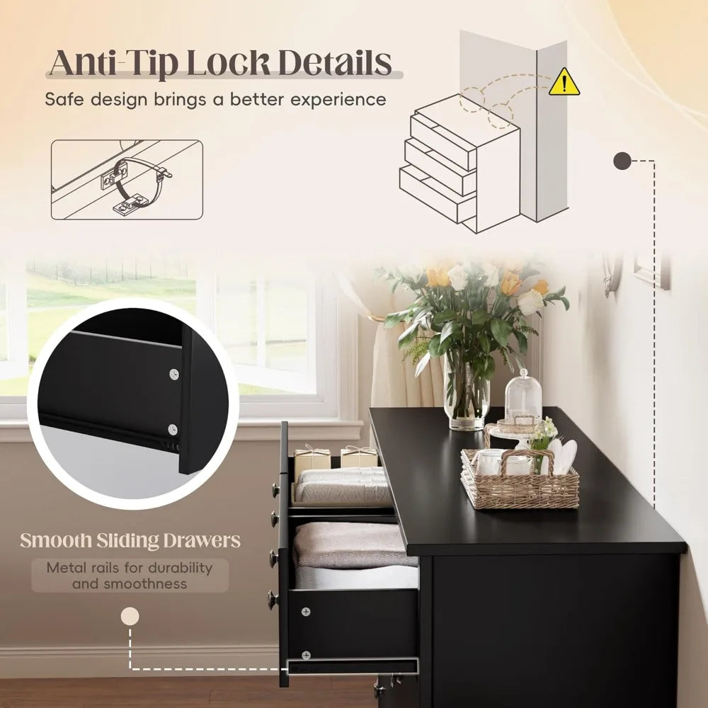 JUMMICO Black Dresser for Bedroom, 6 Wood Dresser Drawers, Wide Chest of Drawers, Storage Tower Unit, Modern Design for Bedroom,