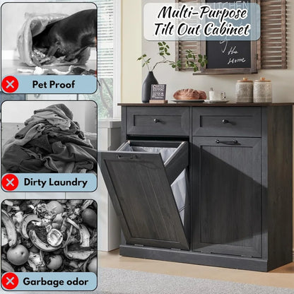 Double Tilt Out Laundry Hamper Cabinet, 20 Gallon Farmhouse Trash Can Cabinet with Drawer, Hidden Wood Garbage Can Bin Cabinet
