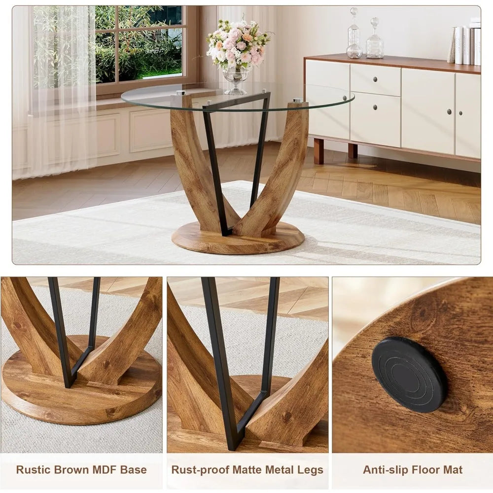 Round Dining Table Set for 4, 48 Inches Kitchen Table with 4 Brown Chairs, Tempered Glass Tabletop with Wood Pedestal Base