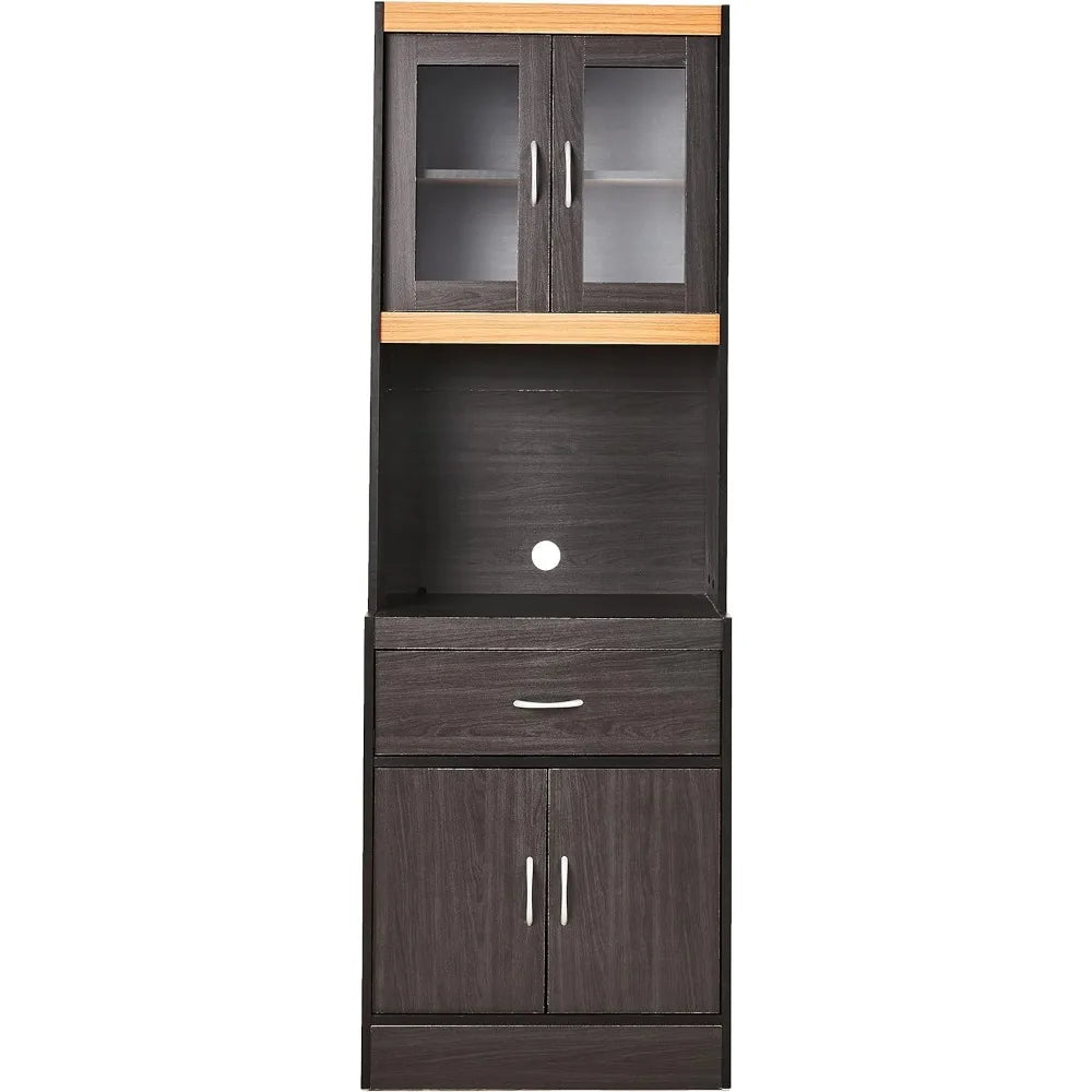 Hodedah Long Standing Kitchen Cabinet with Top and Bottom Enclosed Cabinet Space, One Drawer, Large Open Space for Microwave